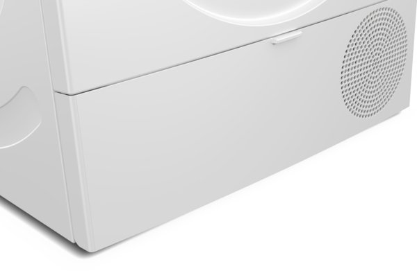 Gros plan du panneau avant inférieur du sèche-linge BOSCH WQJ2320MFR, mettant en évidence l'évent et la petite poignée.