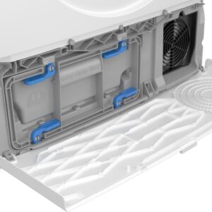 Ouvrez le compartiment du sèche-linge BOSCH WQJ2320MFR en affichant le filtre à peluches et le conduit d'aération, le panneau de porte étant posé à plat.