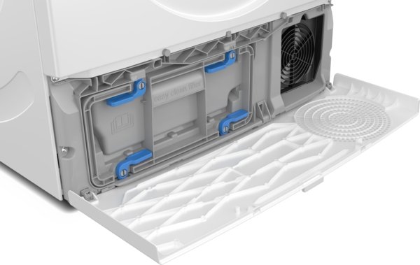 Ouvrez le compartiment du sèche-linge BOSCH WQJ2320MFR en affichant le filtre à peluches et le conduit d'aération, le panneau de porte étant posé à plat.