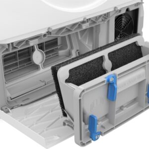 Gros plan du lave-linge BOSCH WQJ2320MFR montrant son compartiment à filtre ouvert et un plateau de filtre à peluches partiellement retiré.