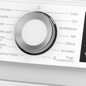 Gros plan du panneau de commande du lave-linge BOSCH WQJ avec un cadran rotatif et des options de cycle de lavage en français.