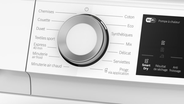 Gros plan du panneau de commande du lave-linge BOSCH WQJ avec un cadran rotatif et des options de cycle de lavage en français.