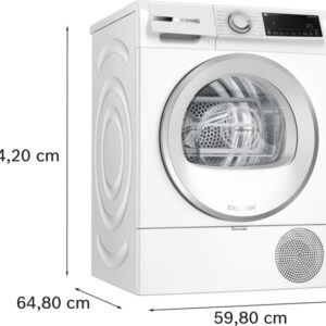Le sèche-linge à chargement frontal BOSCH WQJ blanc avec panneau de commande, présenté avec des dimensions de 84,2 x 59,8 x 64,8 cm.