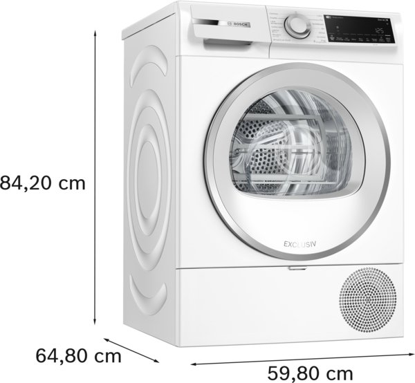 Le sèche-linge à chargement frontal BOSCH WQJ blanc avec panneau de commande, présenté avec des dimensions de 84,2 x 59,8 x 64,8 cm.