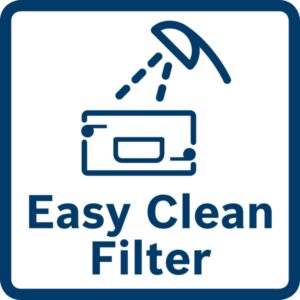 Icône d'une douche pulvérisant de l'eau sur un filtre avec le texte "BOSCH WQJ - Easy Clean Filter" en dessous.