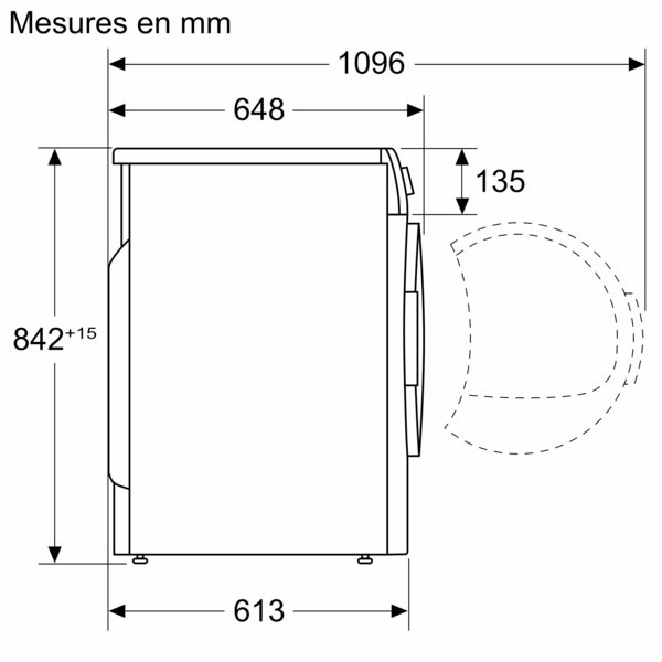 Schéma de la vue latérale du lave-linge BOSCH WQJ, indiquant les dimensions en millimètres et la porte en position ouverte.