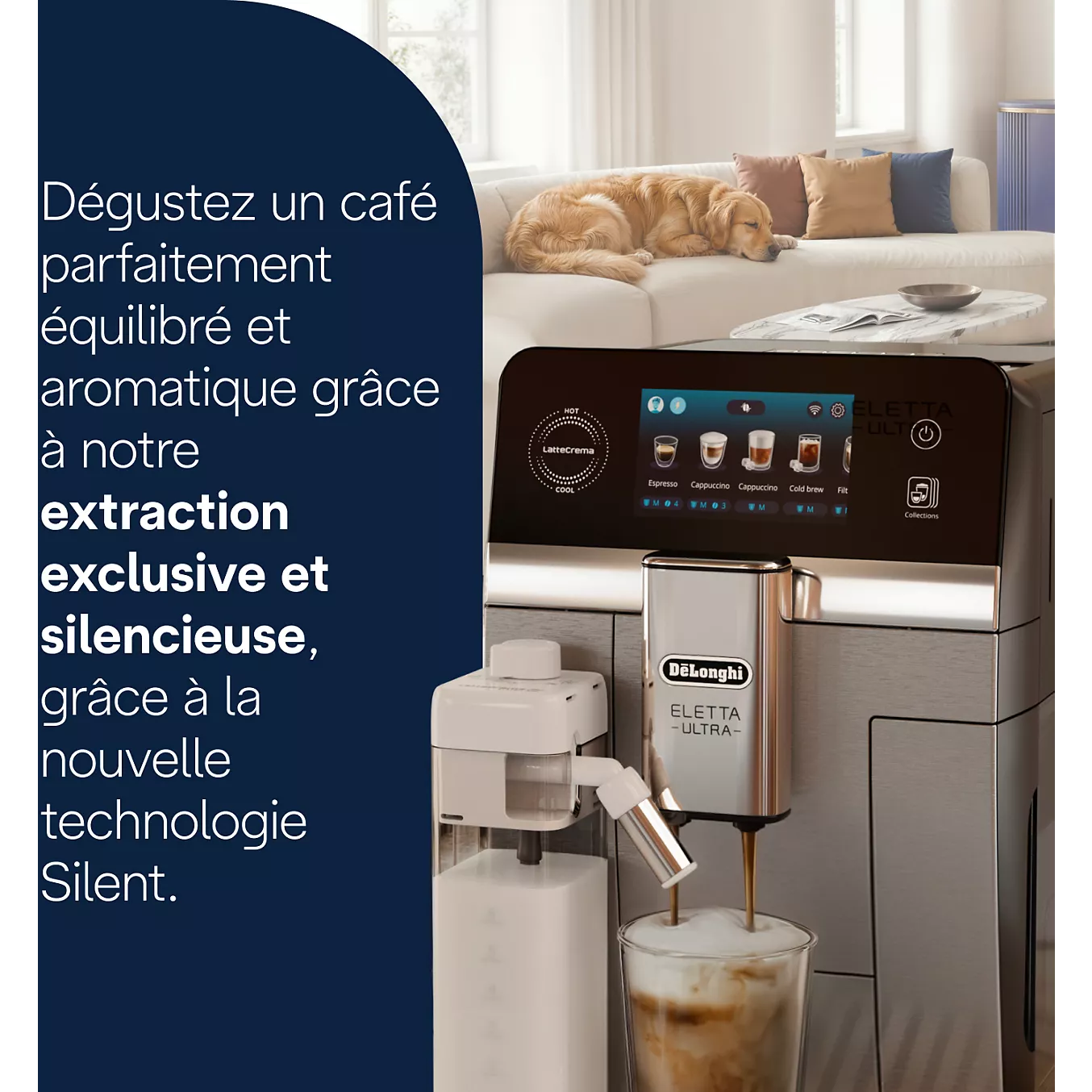 Une machine à café DELONGHI ELETTA EXPLORE ECAM470.85.MB prépare du café dans un salon moderne pendant que quelqu'un se détend sur le canapé.