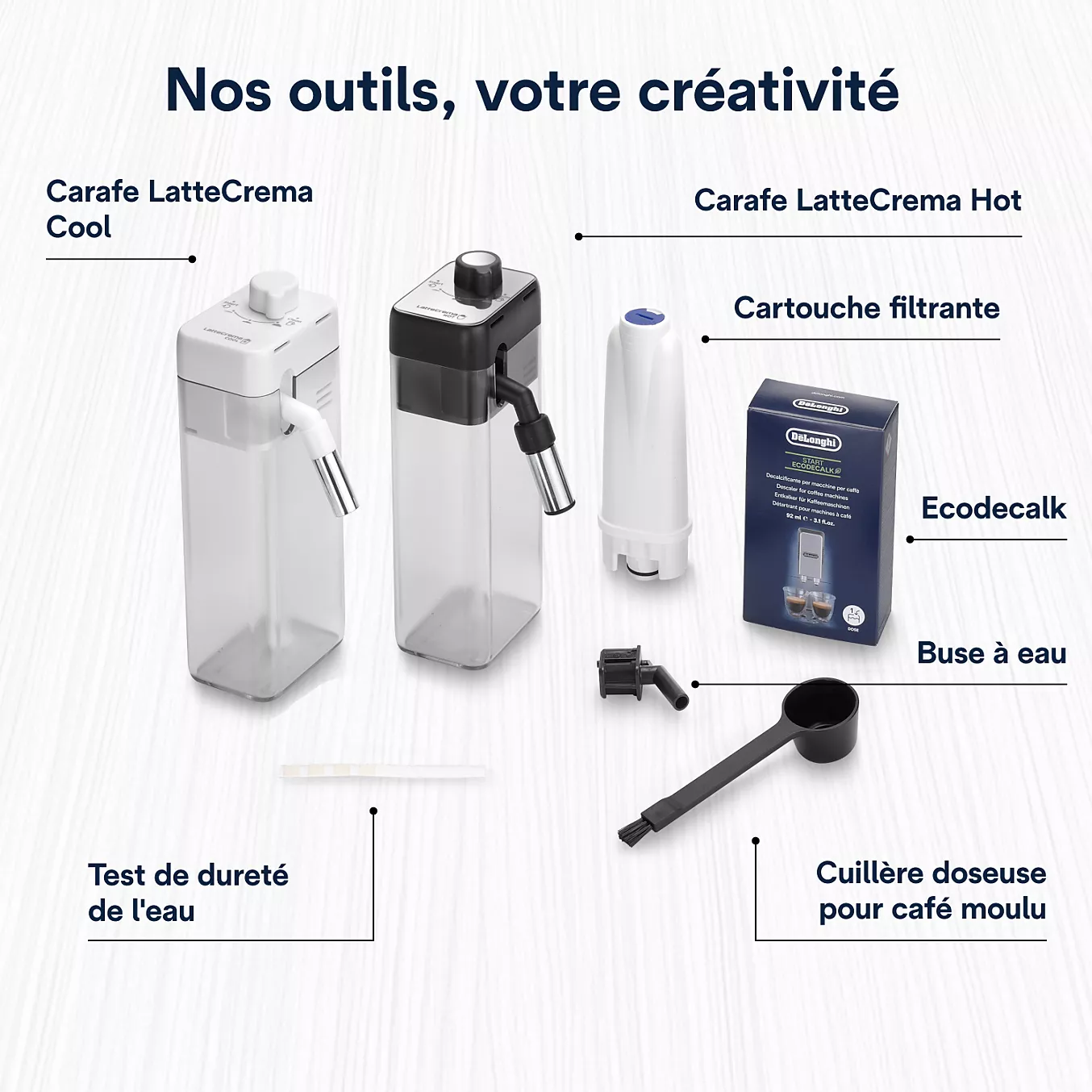 Les accessoires essentiels pour votre DELONGHI ELETTA EXPLORE ECAM470.85.MB - deux carafes, un filtre, une boîte, un bec verseur, une cuillère à mesurer et un test de dureté de l'eau - sont présentés sur une surface claire.