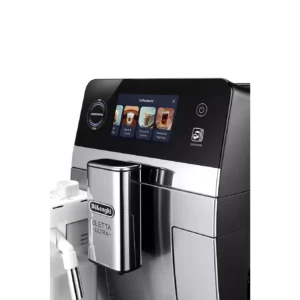 Gros plan sur la machine à café DELONGHI ELETTA EXPLORE ECAM470.85.MB avec écran tactile pour la sélection des boissons.