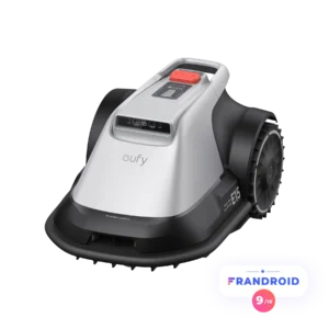 Tondeuse robotisée EUFY E15 avec roues et capteurs, présentée à côté d'un badge d'évaluation Frandroid 9/10.
