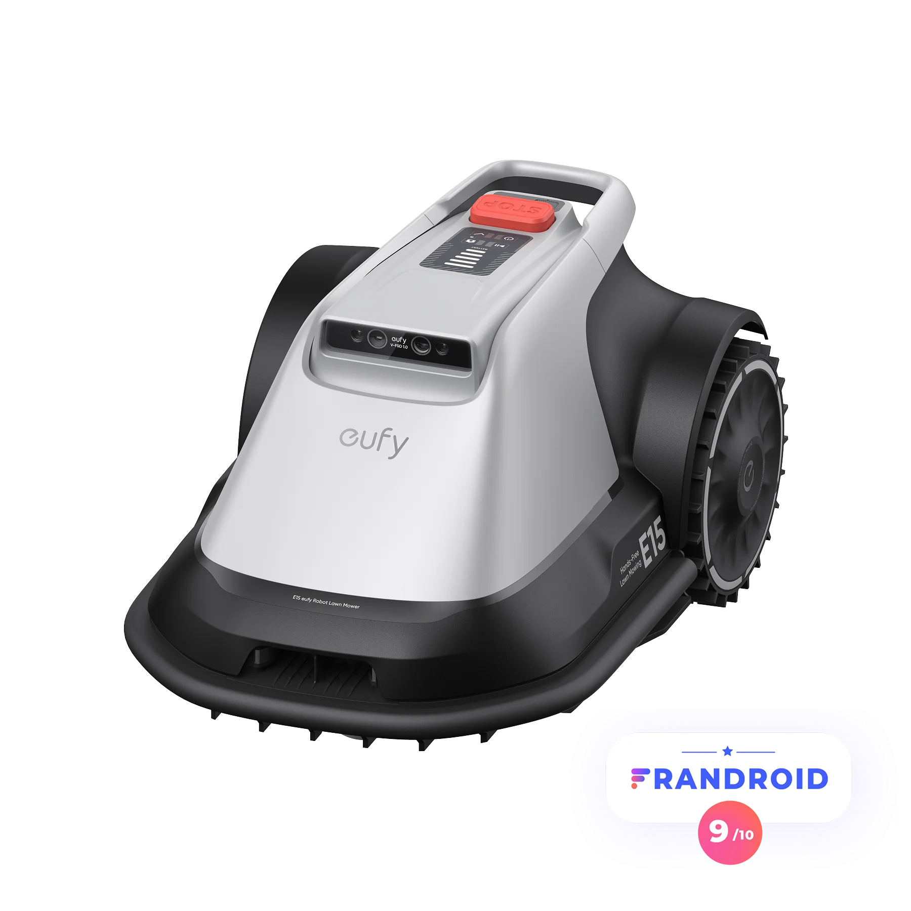 Tondeuse robotisée EUFY E15 avec roues et capteurs, présentée à côté d'un badge d'évaluation Frandroid 9/10.