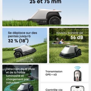 La tondeuse robotisée EUFY E15 est présentée sur l'herbe, avec des icônes et un texte en français détaillant ses capacités et ses spécifications.