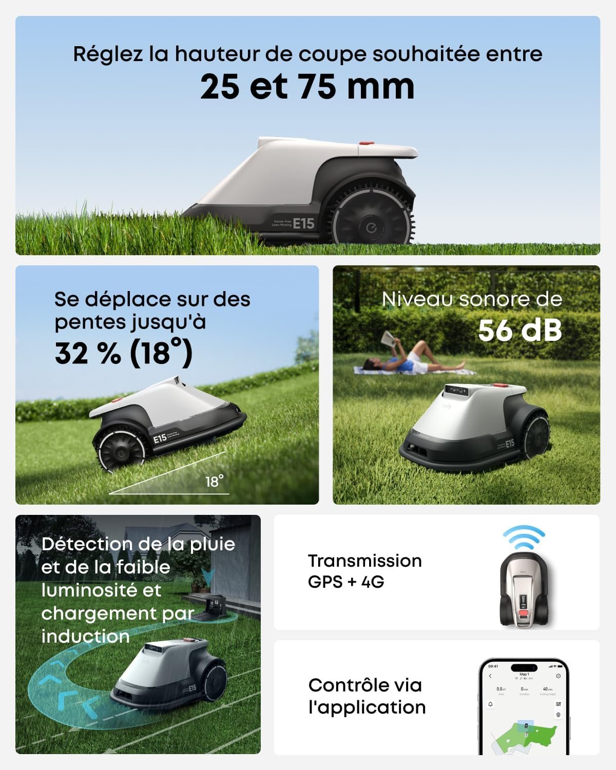La tondeuse robotisée EUFY E15 est présentée sur l'herbe, avec des icônes et un texte en français détaillant ses capacités et ses spécifications.