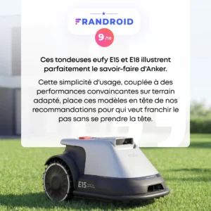 Un robot tondeuse EUFY E15 est posé sur de l'herbe verte, avec sa note d'évaluation et le texte en français affichés au-dessus.