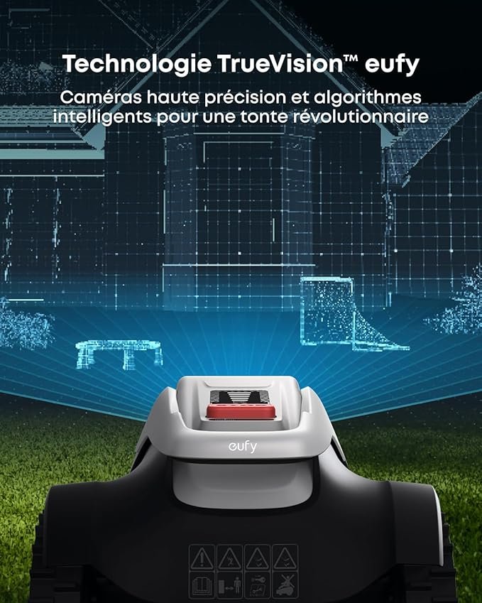 Le robot tondeuse EUFY E15 est doté de la technologie TrueVision eufy, offrant une technologie de caméra avancée pour une tonte précise.