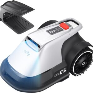 Tondeuse à gazon robotisée EUFY E15 avec station d'accueil, sur fond blanc.