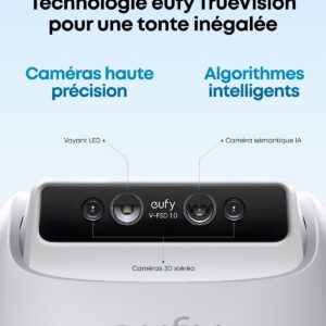 Un gros plan du robot EUFY E15 montre ses caméras, ses fonctions étiquetées et un texte en français soulignant la précision et les algorithmes intelligents.