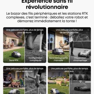 Six images comparent la tonte de pelouse avec et sans l'EUFY E15, mettant en évidence sa facilité et sa commodité pour les utilisateurs sans nécessiter d'installation complexe.
