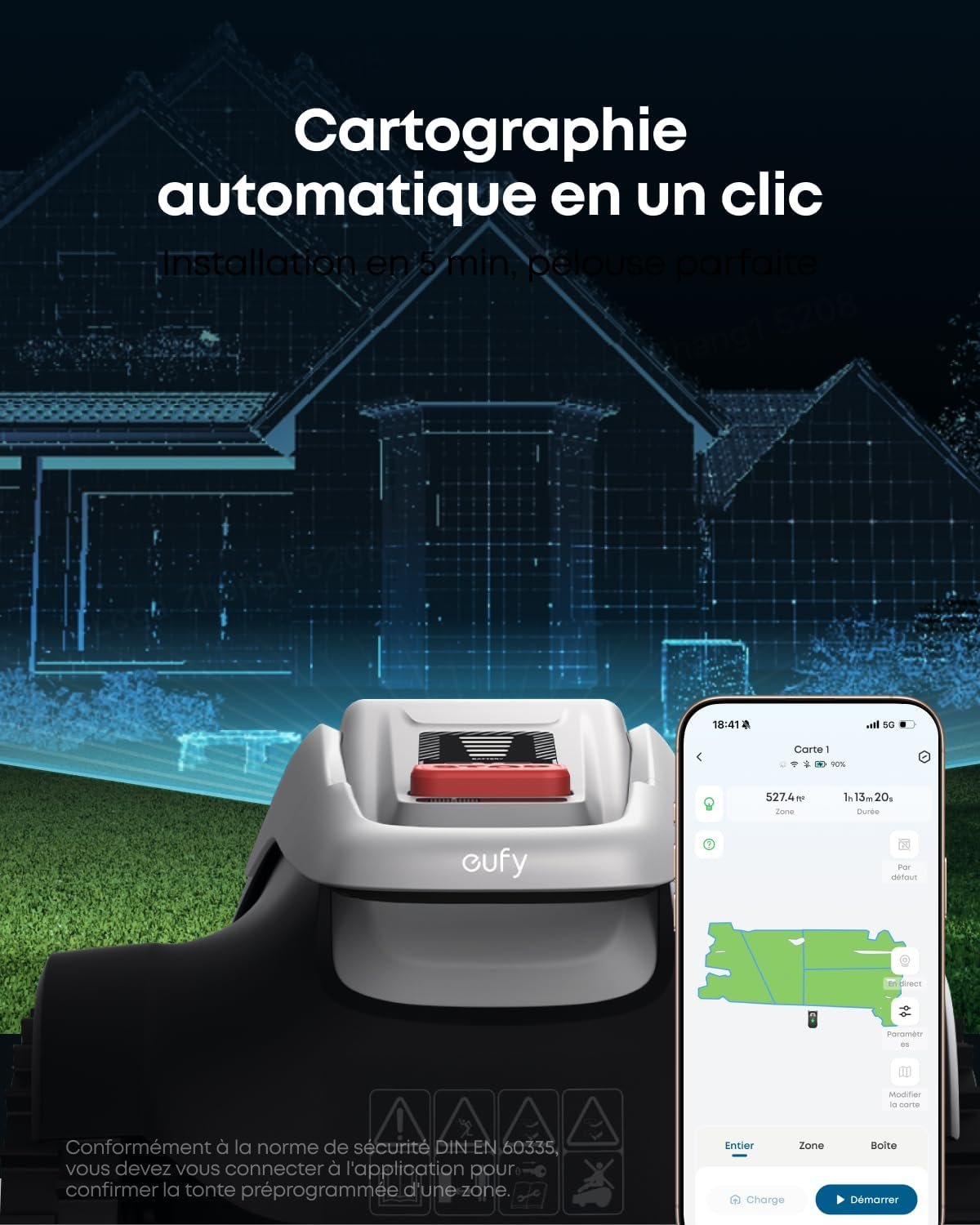Une tondeuse robotisée EUFY E15 à côté d'un smartphone montrant une carte de la pelouse avec un texte en français sur la cartographie automatique.