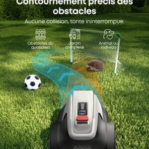 La tondeuse à gazon robotisée EUFY E15 se déplace sur une pelouse en évitant habilement un ballon de football et un hérisson pour mettre en valeur sa détection avancée des obstacles.