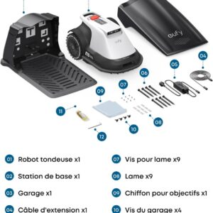 Le kit de tondeuse robotisée EUFY E15 comprend une station d'accueil, des câbles, des lames, des vis, des outils, un chiffon de nettoyage et un manuel d'utilisation.