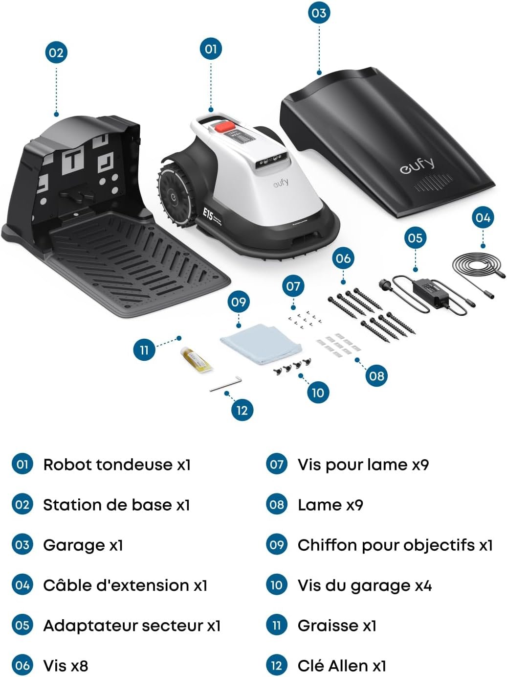Le kit de tondeuse robotisée EUFY E15 comprend une station d'accueil, des câbles, des lames, des vis, des outils, un chiffon de nettoyage et un manuel d'utilisation.