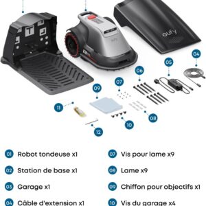 Toutes les pièces du kit de tondeuse robot EUFY E18 sont présentées et étiquetées à l'aide d'icônes et de descriptions en français.