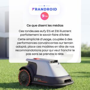 Un robot tondeuse EUFY E18 est posé sur de l'herbe verte, avec une note et un texte d'évaluation français affichés au-dessus.