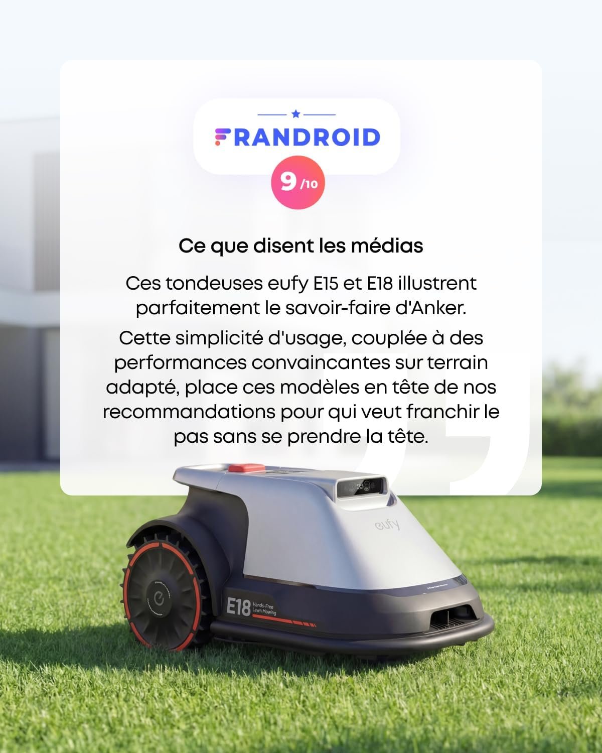 Un robot tondeuse EUFY E18 est posé sur de l'herbe verte, avec une note et un texte d'évaluation français affichés au-dessus.