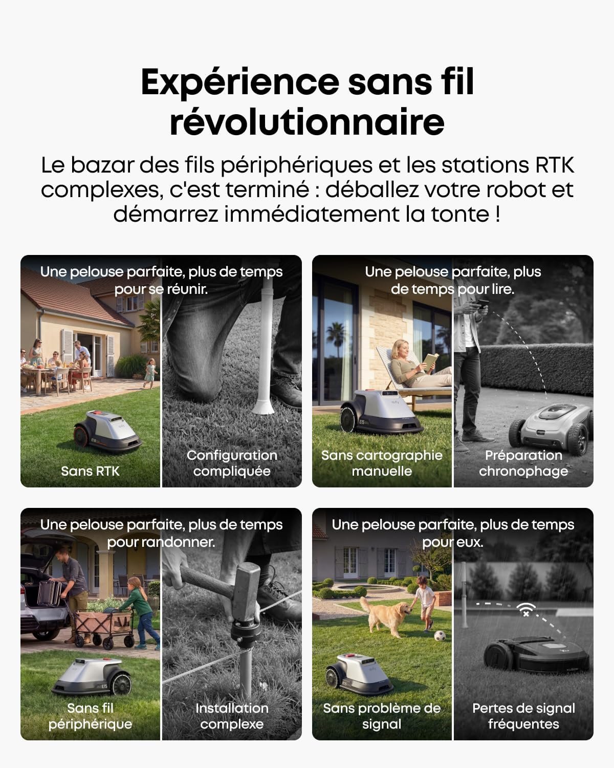 Six images présentent le robot tondeuse EUFY E18, mettant en évidence sa facilité d'utilisation sans fil et sa gamme de fonctions pratiques.