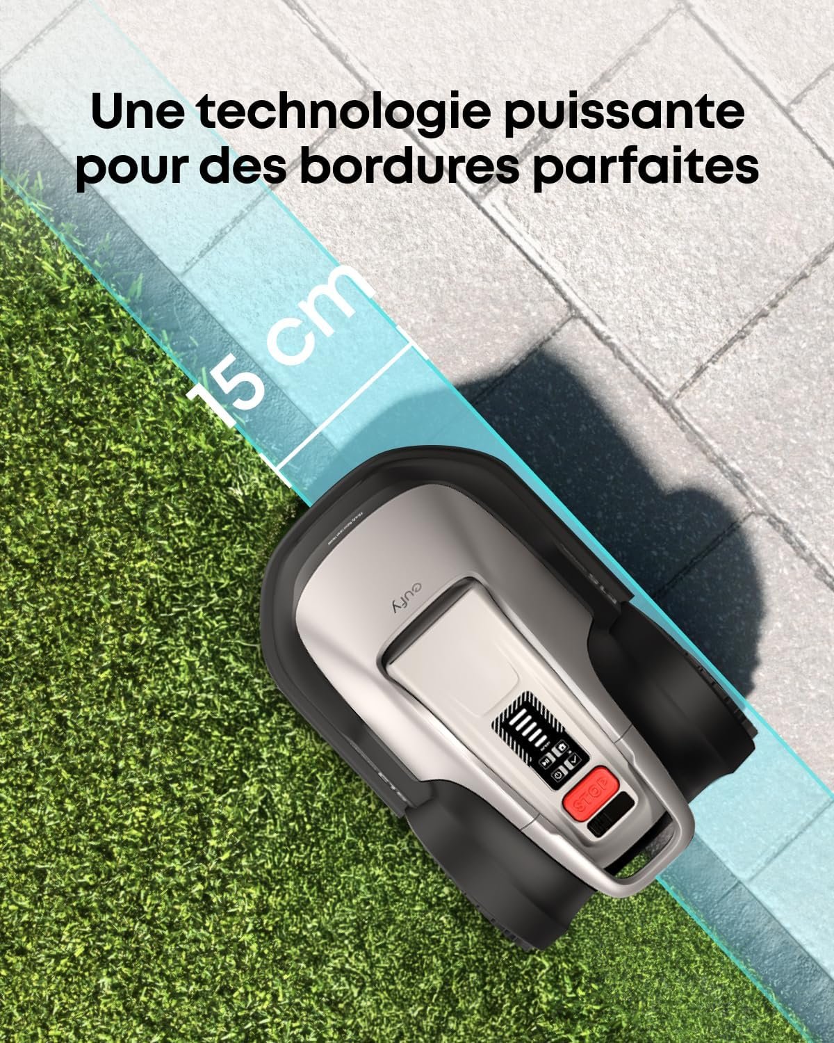Le robot tondeuse EUFY E18 tond l'herbe avec précision le long des bordures pavées ; le texte français met en avant sa technologie avancée de bordures.