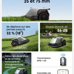 Collage de la tondeuse robotisée EUFY E18 présentant sa hauteur réglable, sa capacité à gravir les pentes et ses fonctions pratiques de contrôle par application.
