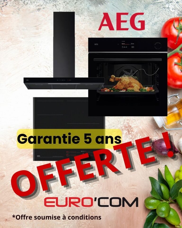 Appareils de cuisine AEG avec poulet cuit, "Garantie 5 ans OFFERTE !", logo Euro'Com, et ODR AEG sur fond coloré - préparez-vous pour l'automne 2025 !.