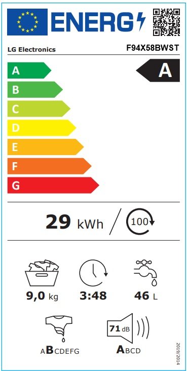 Étiquette énergétique pour LG F94X58BWST : lave-linge à chargement frontal, classé A ; consomme 29 kWh/100 cycles, capacité de 9 kg, durée de cycle de 3:48, 46 litres d'eau par cycle, et niveau sonore de 71 dB.