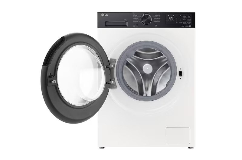 La laveuse à chargement frontal LG F94X58BWST est dotée d'une porte ouverte affichant le tambour vide et le panneau de commande supérieur - idéal pour un entretien efficace et moderne du linge.