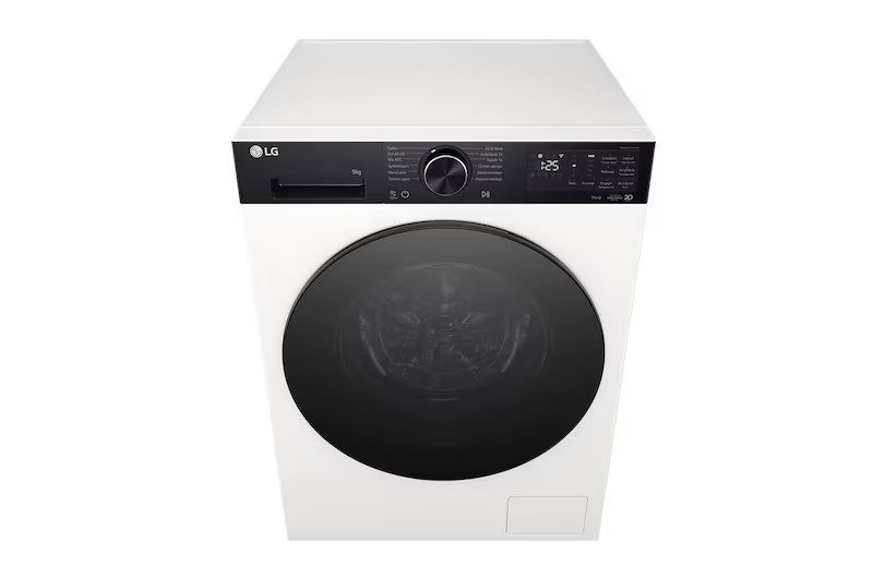 Vue avant du lave-linge LG F94X58BWST en blanc, avec une porte circulaire noire et des commandes numériques.