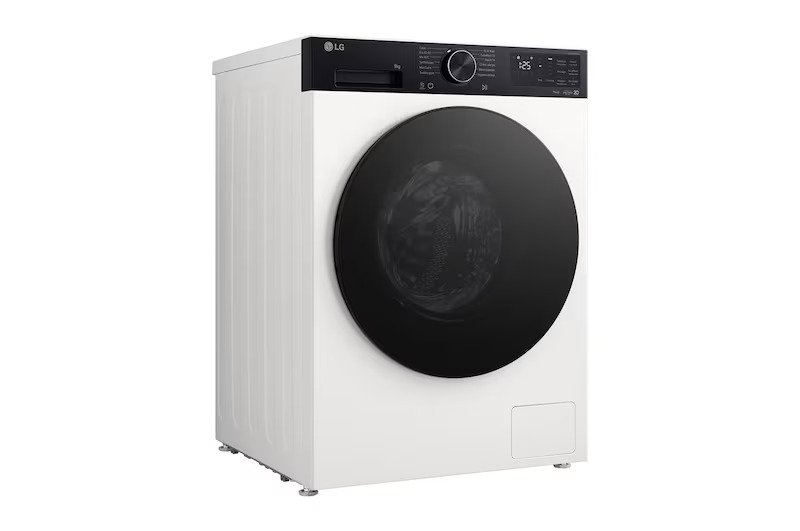 Le LG F94X58BWST est un lave-linge moderne à chargement frontal de couleur blanche, doté d'une porte noire et d'un panneau de commande numérique.