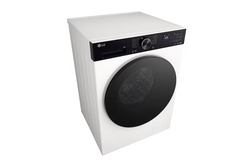 Le lave-linge à chargement frontal LG F94X58BWST présente une finition blanche, une grande porte noire et un panneau de commande numérique pour une utilisation facile.