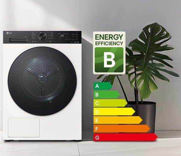 Le lave-linge à chargement frontal LG RH9X58WH est présenté à côté d'un tableau d'efficacité énergétique noté "B" et d'une plante en pot.