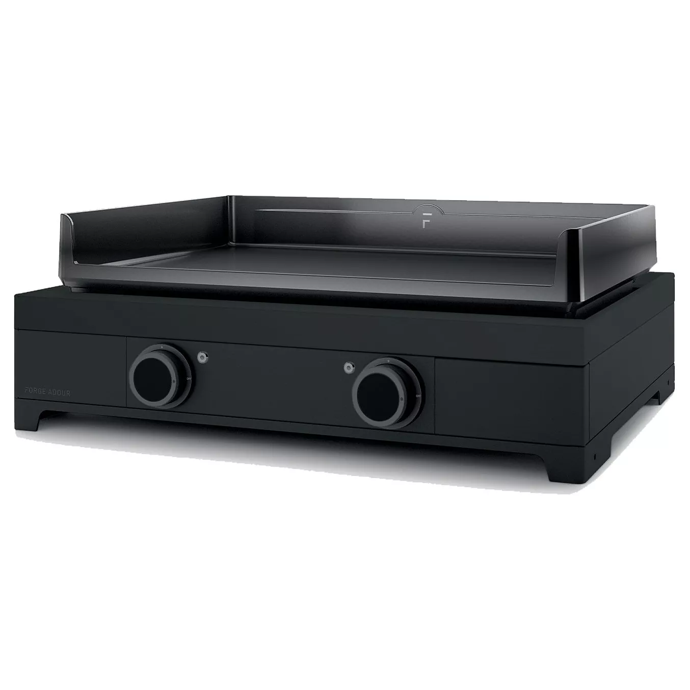 La FORGE ADOUR MODERN E60 AN est une plancha à gaz de table noire dotée de deux boutons de commande et d'une surface de cuisson à bords relevés, inspirée par le design épuré de la plancha originale.