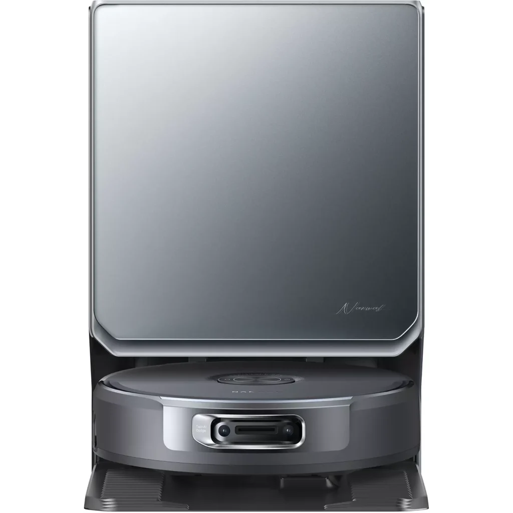 Le NARWAL FREO FLOW 2 est un aspirateur robot élégant de couleur grise, accompagné d'une station de charge et de nettoyage assortie.