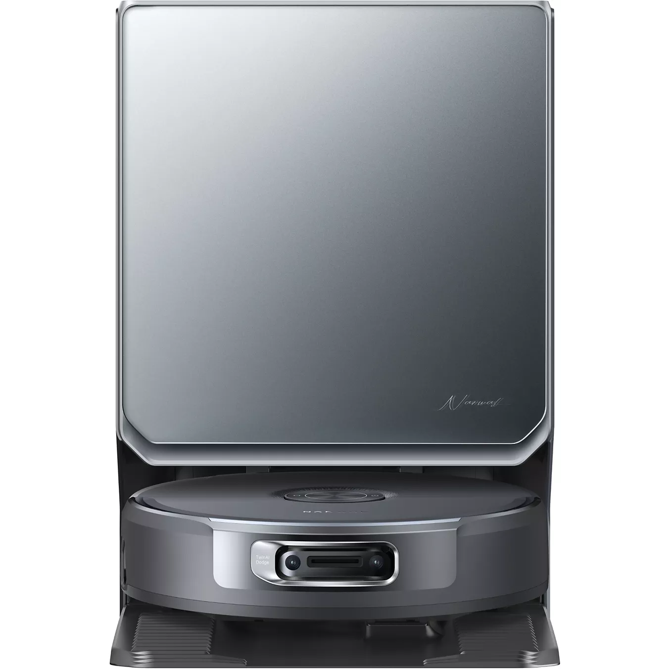 Le NARWAL FREO FLOW 2 est un aspirateur robot élégant de couleur grise, accompagné d'une station de charge et de nettoyage assortie.