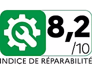 Icône d'engrenage et de clé verte avec les textes "8,2/10" et "Indice de réparabilité" sur fond blanc, illustrant la note de réparabilité de l'aspirateur robot NARWAL FREO FLOW 2.