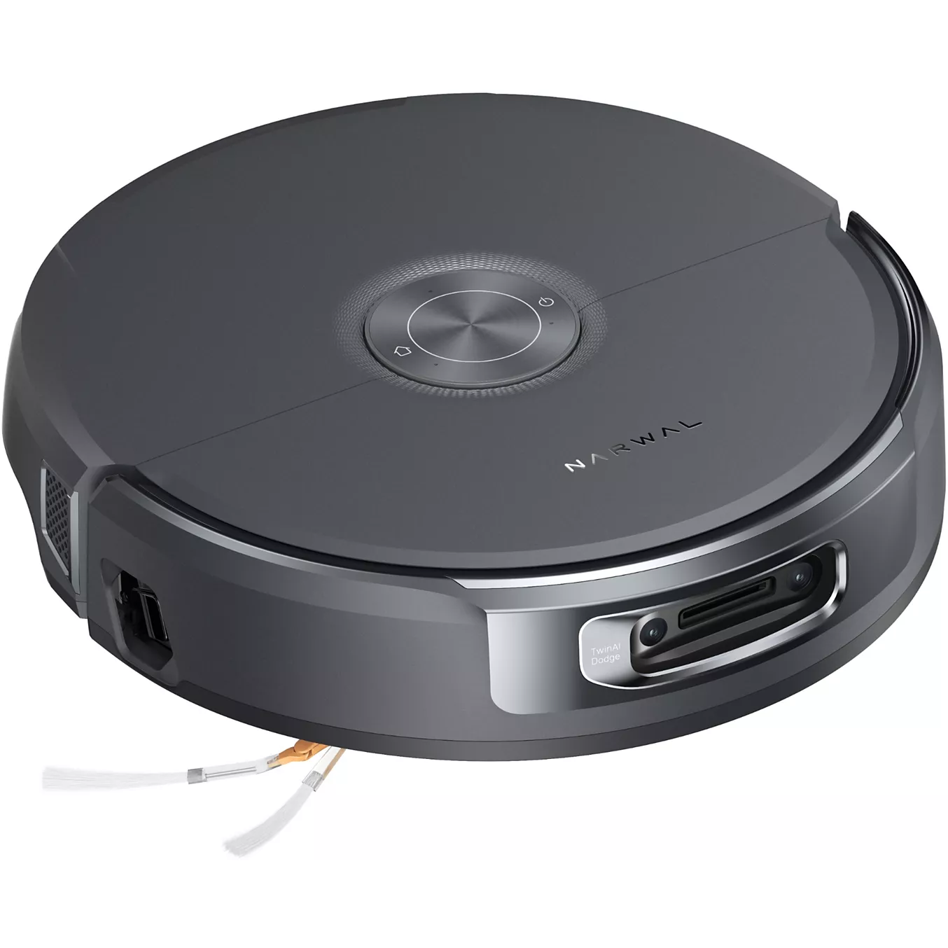 Le FREO FLOW 2 de NARWAL est un aspirateur robot rond et noir au design épuré, doté de capteurs frontaux.