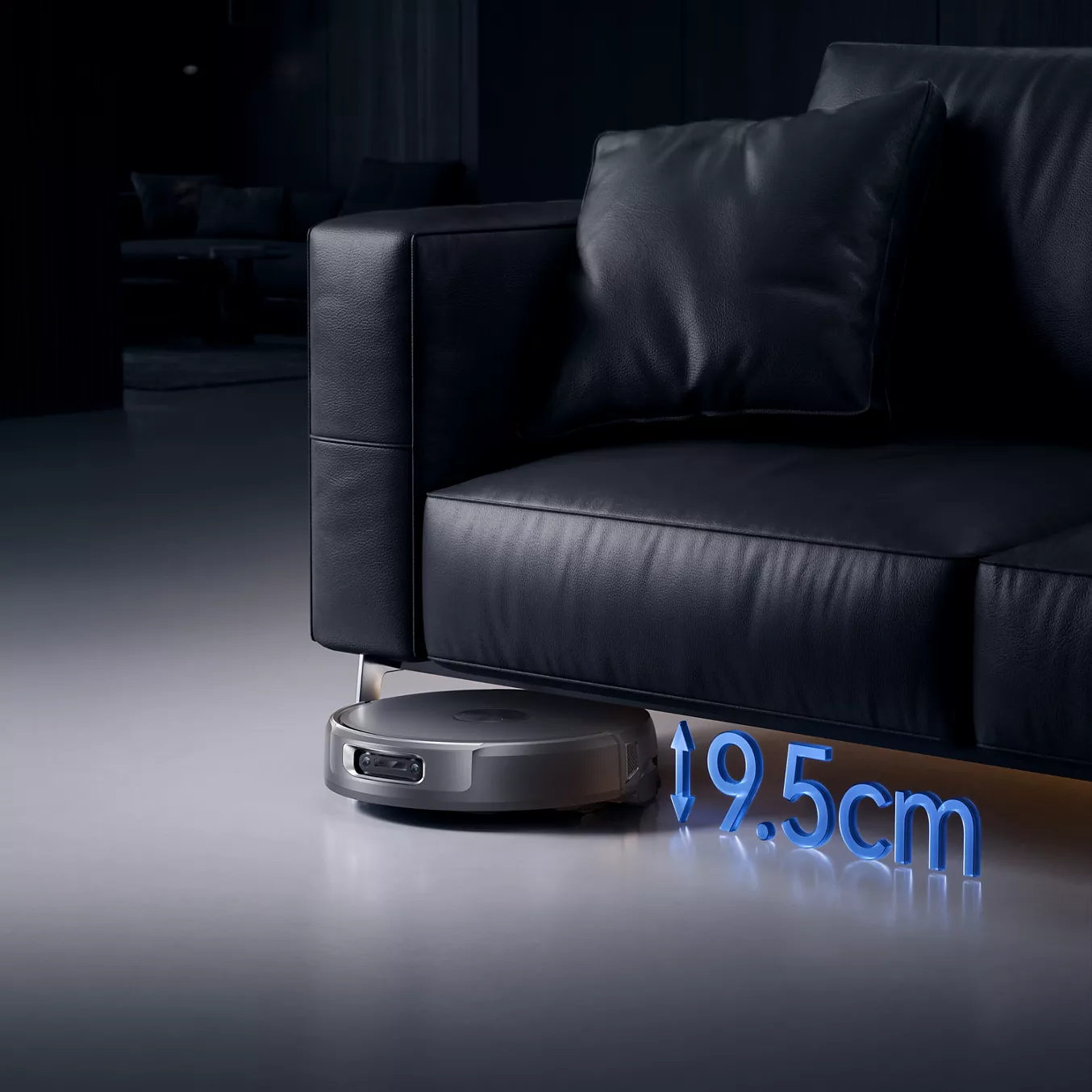 L'aspirateur robot NARWAL FREO FLOW 2 se déplace facilement sous un canapé sombre avec un espace de 9,5 cm, surligné en bleu.