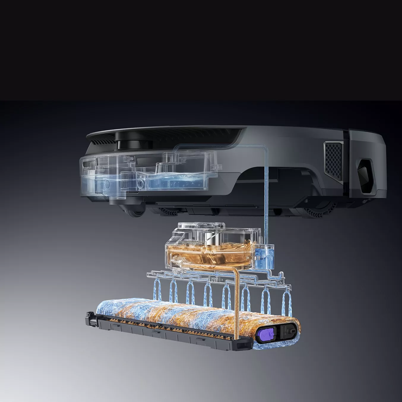 L'aspirateur robot NARWAL FREO FLOW 2 présente un design transparent qui met en valeur ses composants internes et une brosse rotative située en dessous.