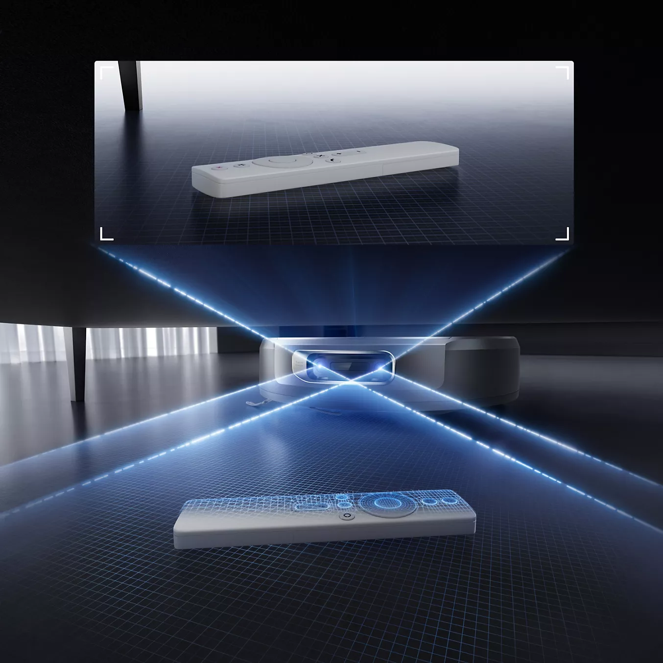 L'aspirateur robot NARWAL FREO FLOW 2 utilise des faisceaux de balayage numériques bleus pour détecter une télécommande sous le canapé.