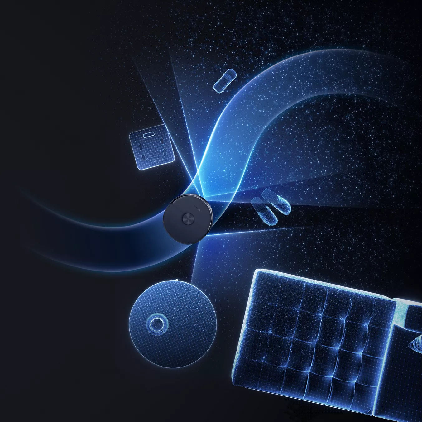 Une illustration numérique montre l'aspirateur robot NARWAL FREO FLOW 2 manœuvrant habilement autour des meubles et des objets, mis en évidence par des images dynamiques de balayage bleu.