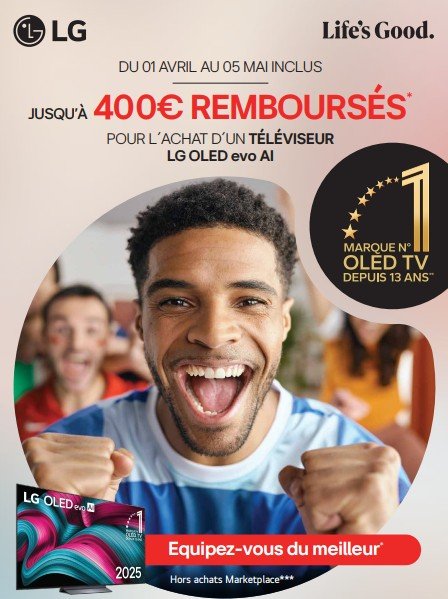 Un homme applaudit joyeusement, les poings serrés, à côté d'une femme souriante, faisant la promotion de l'offre de remboursement des téléviseurs OLED de LG.