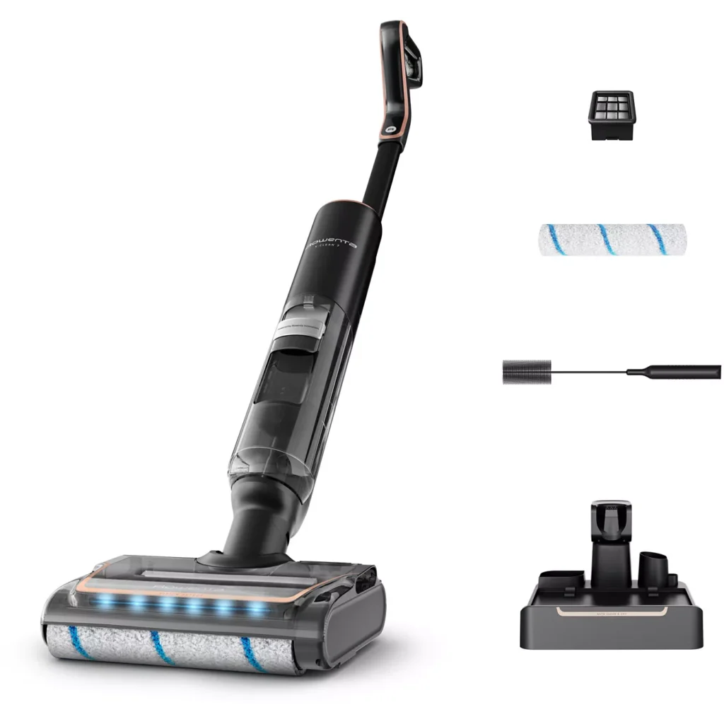 Aspirateur sans fil ROWENTA GZ5736E0 sur fond blanc avec accessoires, station d'accueil et rouleau-brosse.